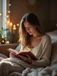 feminine woman reading a book in a cozy home environment