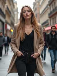 feminine woman taking a casual stroll through a cityscape