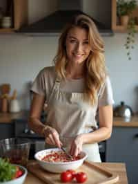 feminine woman cooking or baking in a modern kitchen