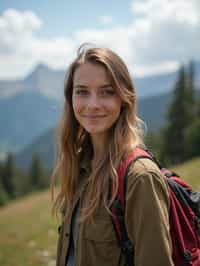 feminine woman in going hiking outdoors in mountains