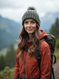 feminine woman in going hiking outdoors in mountains