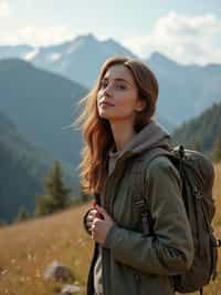 feminine woman in going hiking outdoors in mountains