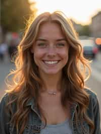 headshot of smiling woman wearing casual clothes posing for dating app headshot. outdoor blurry background. the lighting is warm, possibly from a setting sun, creating a soft glow around him, enhancing the casual and relaxed vibe of the image. the setting seems to be outdoors, likely in an urban environment, with the blurred background hinting at a street or park-like area. this image likely portrays a youthful, active, and approachable individual, possibly in a lifestyle or fashion-related context.