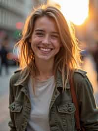 headshot of smiling woman wearing casual clothes posing for dating app headshot. outdoor blurry background. the lighting is warm, possibly from a setting sun, creating a soft glow around him, enhancing the casual and relaxed vibe of the image. the setting seems to be outdoors, likely in an urban environment, with the blurred background hinting at a street or park-like area. this image likely portrays a youthful, active, and approachable individual, possibly in a lifestyle or fashion-related context.