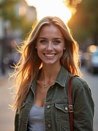 headshot of smiling woman wearing casual clothes posing for dating app headshot. outdoor blurry background. the lighting is warm, possibly from a setting sun, creating a soft glow around him, enhancing the casual and relaxed vibe of the image. the setting seems to be outdoors, likely in an urban environment, with the blurred background hinting at a street or park-like area. this image likely portrays a youthful, active, and approachable individual, possibly in a lifestyle or fashion-related context.