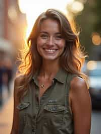 headshot of smiling woman wearing casual clothes posing for dating app headshot. outdoor blurry background. the lighting is warm, possibly from a setting sun, creating a soft glow around him, enhancing the casual and relaxed vibe of the image. the setting seems to be outdoors, likely in an urban environment, with the blurred background hinting at a street or park-like area. this image likely portrays a youthful, active, and approachable individual, possibly in a lifestyle or fashion-related context.