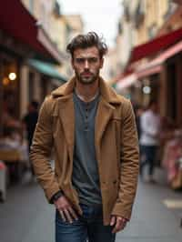 a stylish masculine  man exploring a street market