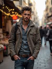 a stylish masculine  man exploring a street market