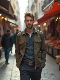 a stylish masculine  man exploring a street market