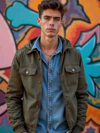 a fashionable masculine  man posing in front of street art