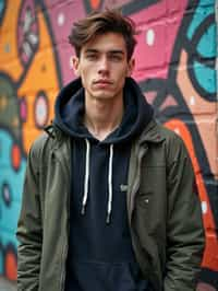 a fashionable masculine  man posing in front of street art