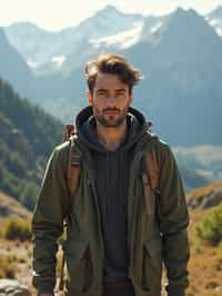 an adventurous masculine  man hiking in the mountains