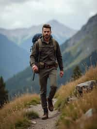 an adventurous masculine  man hiking in the mountains