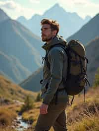 an adventurous masculine  man hiking in the mountains