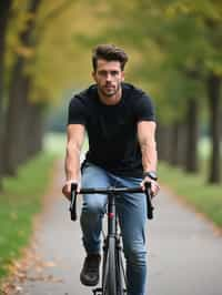 a stylish masculine  man enjoying a leisurely bike ride along a scenic path