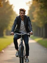 a stylish masculine  man enjoying a leisurely bike ride along a scenic path