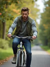 a stylish masculine  man enjoying a leisurely bike ride along a scenic path