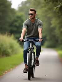 a stylish masculine  man enjoying a leisurely bike ride along a scenic path