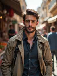 a charismatic masculine  man exploring a street market