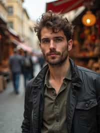 a charismatic masculine  man exploring a street market