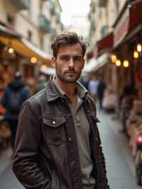 a charismatic masculine  man exploring a street market