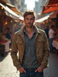 a charismatic masculine  man exploring a street market