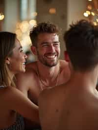 masculine  man laughing and hanging out with friends