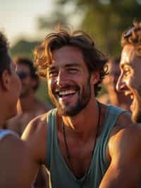 masculine  man laughing and hanging out with friends