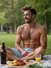 masculine  man having a fun outdoor picnic