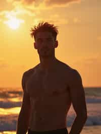 masculine  man enjoying a sunset at a beach or park