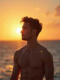 masculine  man enjoying a sunset at a beach or park