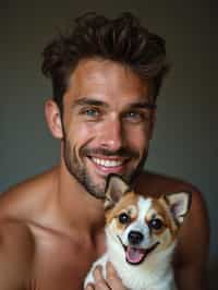 masculine  man posing with a cute pet