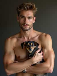 masculine  man posing with a cute pet