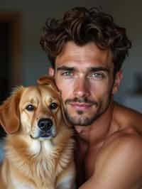 masculine  man posing with a cute pet