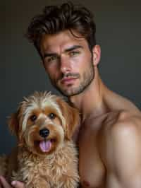 masculine  man posing with a cute pet