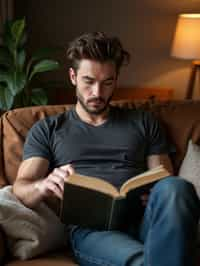 masculine  man reading a book in a cozy home environment