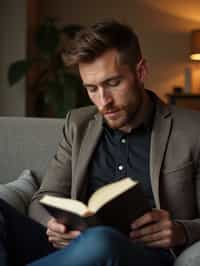 masculine  man reading a book in a cozy home environment