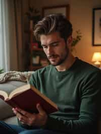 masculine  man reading a book in a cozy home environment