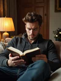 masculine  man reading a book in a cozy home environment