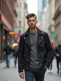 masculine  man taking a casual stroll through a cityscape