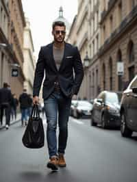 masculine  man taking a casual stroll through a cityscape