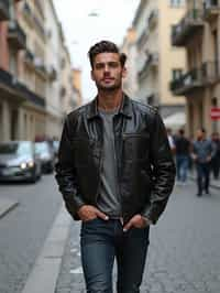 masculine  man taking a casual stroll through a cityscape