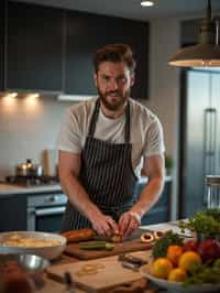 masculine  man cooking or baking in a modern kitchen