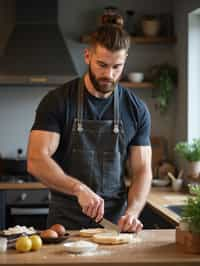 masculine  man cooking or baking in a modern kitchen