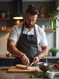 masculine  man cooking or baking in a modern kitchen