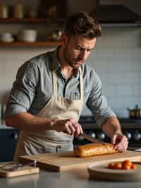 masculine  man cooking or baking in a modern kitchen