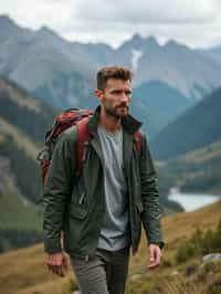 masculine  man in going hiking outdoors in mountains