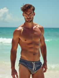 masculine  man in solid color  swim shorts on the beach, wet hair, swimsuit sports illustrated FHM maxim photos