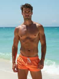 masculine  man in solid color  swim shorts on the beach, wet hair, swimsuit sports illustrated FHM maxim photos