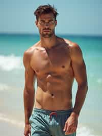 masculine  man in solid color  swim shorts on the beach, wet hair, swimsuit sports illustrated FHM maxim photos